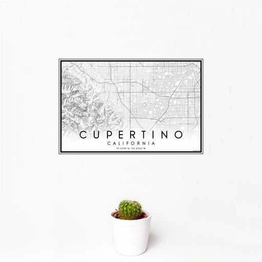 12x18 Cupertino California Map Print Landscape Orientation in Classic Style With Small Cactus Plant in White Planter