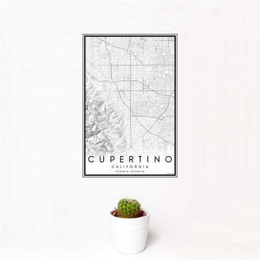 12x18 Cupertino California Map Print Portrait Orientation in Classic Style With Small Cactus Plant in White Planter