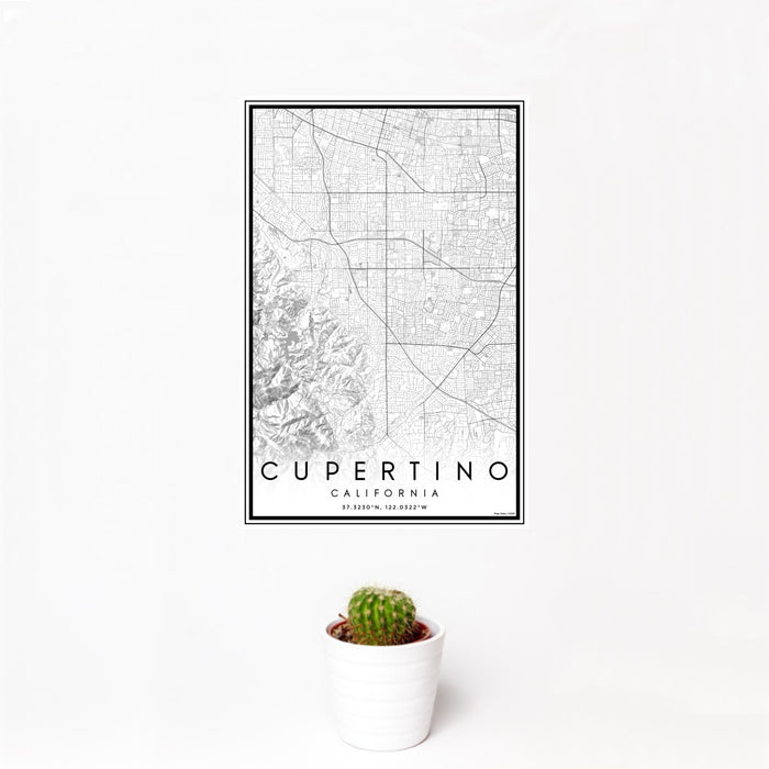 12x18 Cupertino California Map Print Portrait Orientation in Classic Style With Small Cactus Plant in White Planter