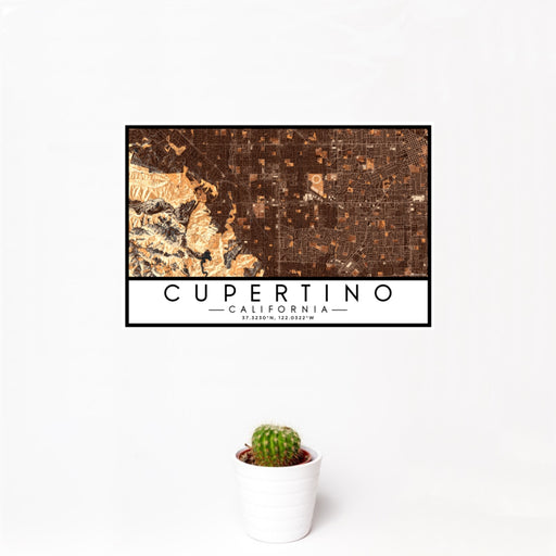 12x18 Cupertino California Map Print Landscape Orientation in Ember Style With Small Cactus Plant in White Planter