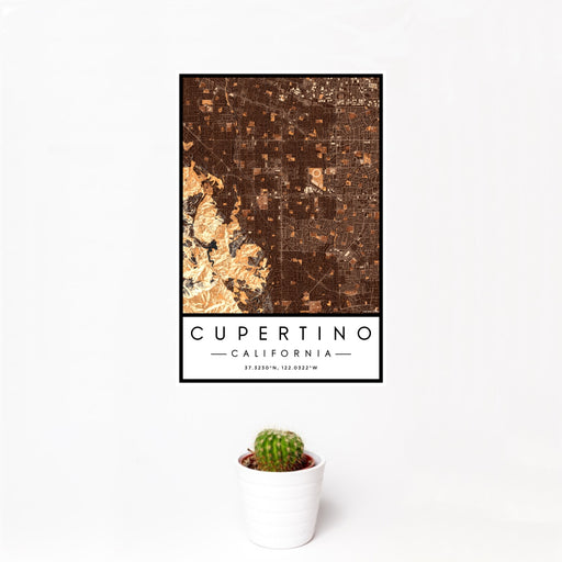 12x18 Cupertino California Map Print Portrait Orientation in Ember Style With Small Cactus Plant in White Planter