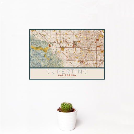 12x18 Cupertino California Map Print Landscape Orientation in Woodblock Style With Small Cactus Plant in White Planter