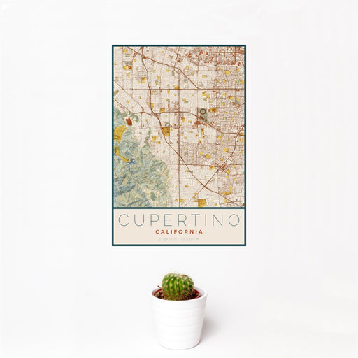 12x18 Cupertino California Map Print Portrait Orientation in Woodblock Style With Small Cactus Plant in White Planter