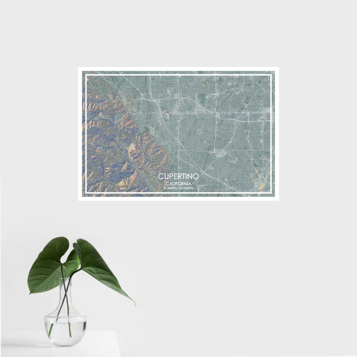 16x24 Cupertino California Map Print Landscape Orientation in Afternoon Style With Tropical Plant Leaves in Water