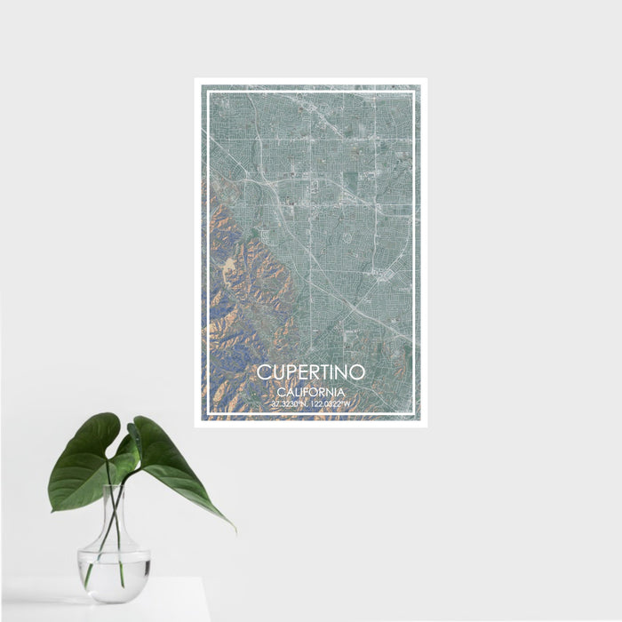 16x24 Cupertino California Map Print Portrait Orientation in Afternoon Style With Tropical Plant Leaves in Water
