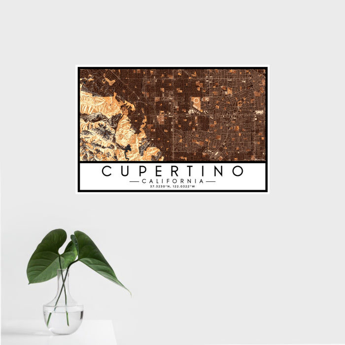 16x24 Cupertino California Map Print Landscape Orientation in Ember Style With Tropical Plant Leaves in Water