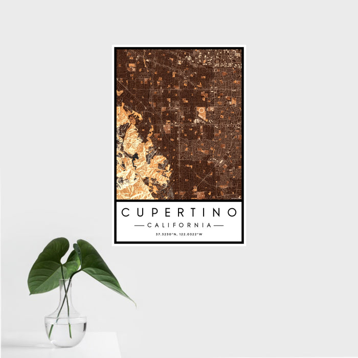 16x24 Cupertino California Map Print Portrait Orientation in Ember Style With Tropical Plant Leaves in Water