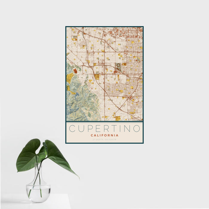 16x24 Cupertino California Map Print Portrait Orientation in Woodblock Style With Tropical Plant Leaves in Water