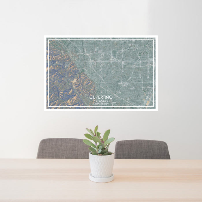 24x36 Cupertino California Map Print Lanscape Orientation in Afternoon Style Behind 2 Chairs Table and Potted Plant