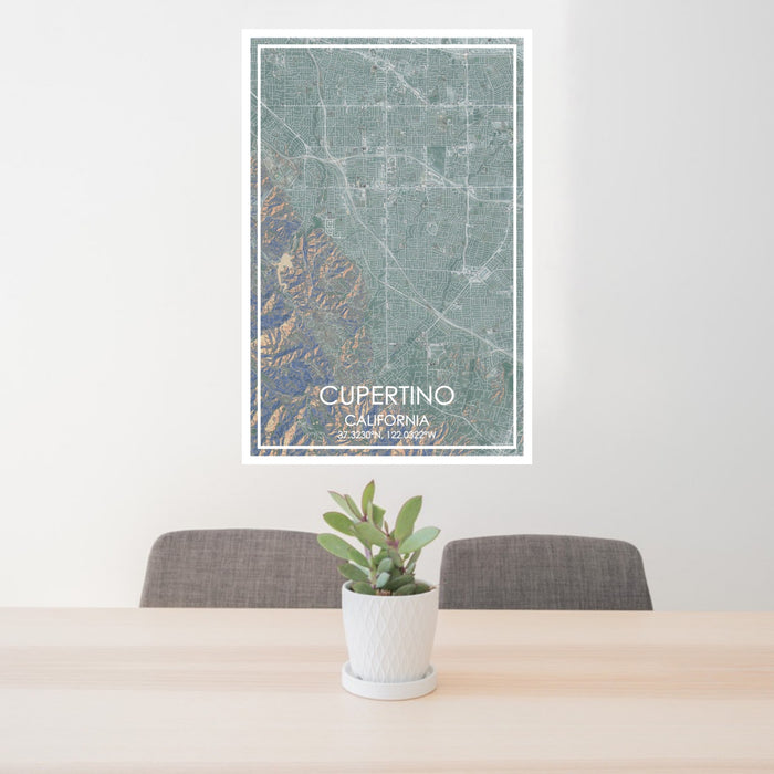 24x36 Cupertino California Map Print Portrait Orientation in Afternoon Style Behind 2 Chairs Table and Potted Plant
