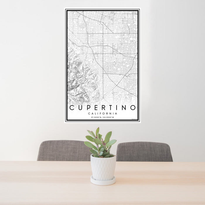 24x36 Cupertino California Map Print Portrait Orientation in Classic Style Behind 2 Chairs Table and Potted Plant