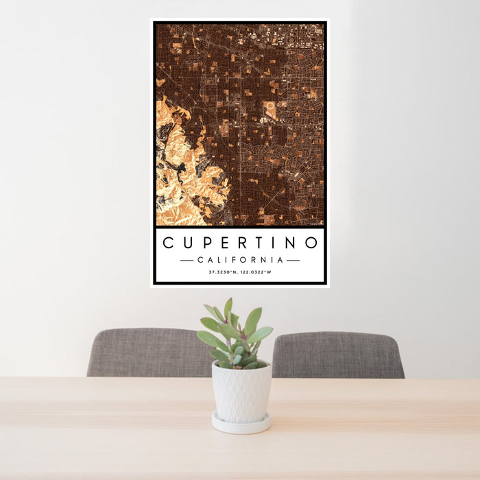 24x36 Cupertino California Map Print Portrait Orientation in Ember Style Behind 2 Chairs Table and Potted Plant