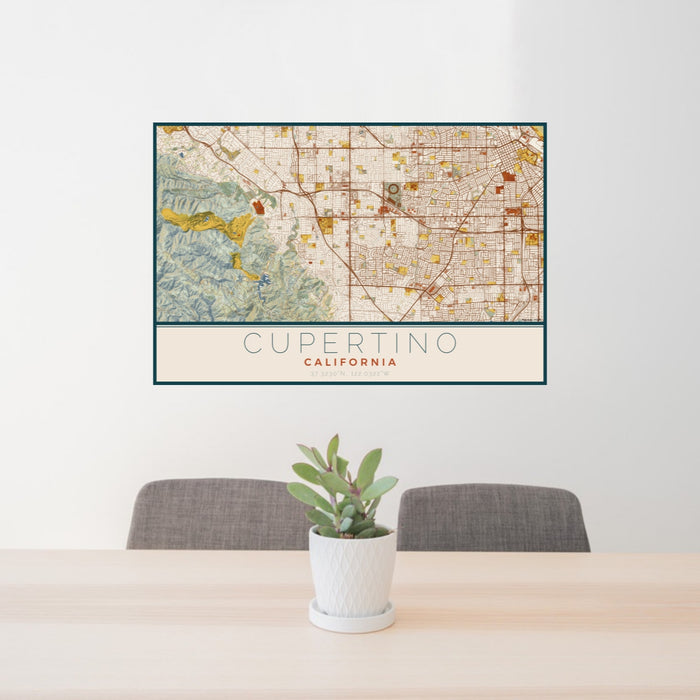 24x36 Cupertino California Map Print Lanscape Orientation in Woodblock Style Behind 2 Chairs Table and Potted Plant