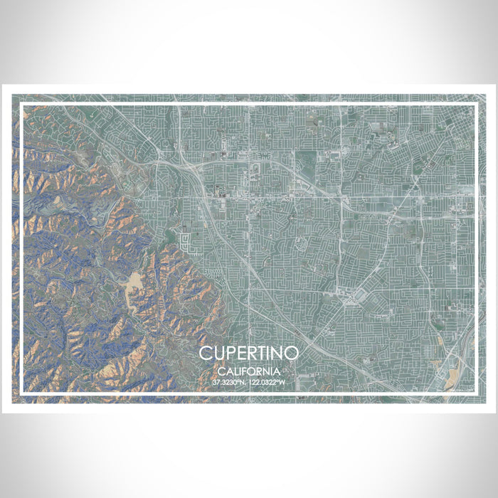 Cupertino California Map Print Landscape Orientation in Afternoon Style With Shaded Background