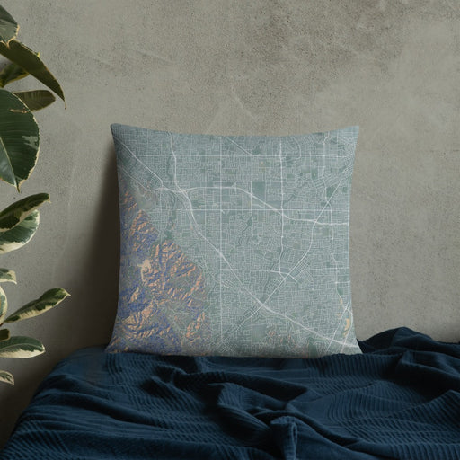 Custom Cupertino California Map Throw Pillow in Afternoon on Bedding Against Wall