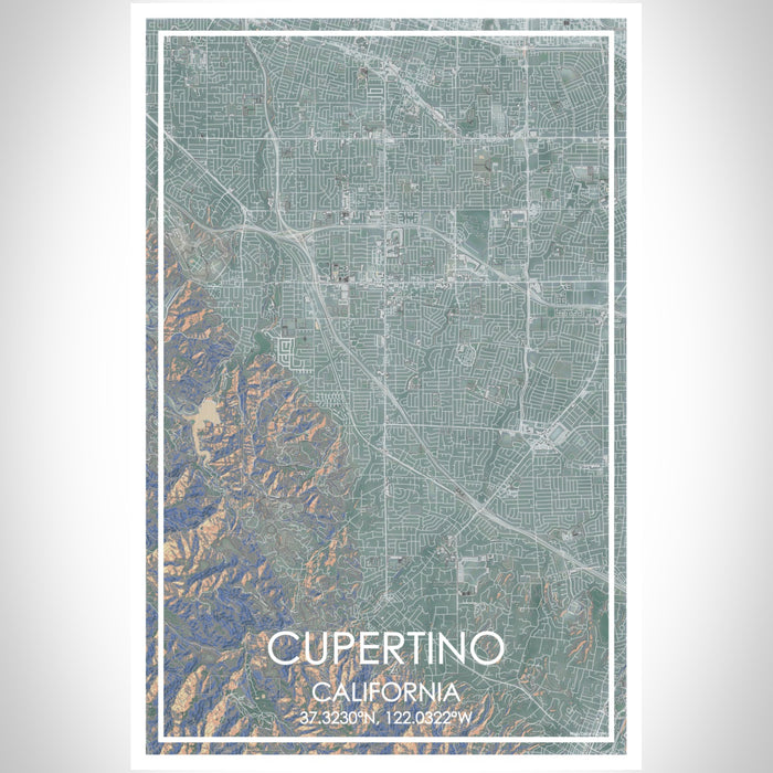 Cupertino California Map Print Portrait Orientation in Afternoon Style With Shaded Background