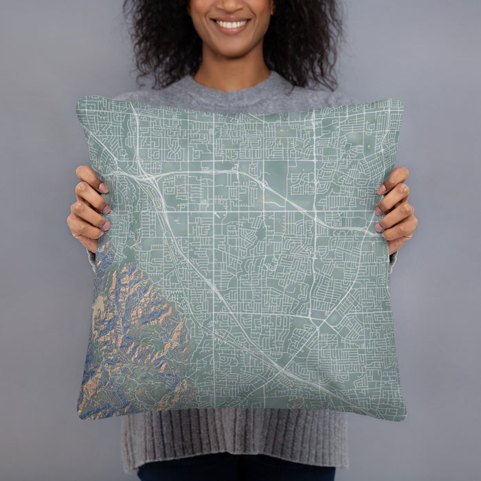 Person holding 18x18 Custom Cupertino California Map Throw Pillow in Afternoon