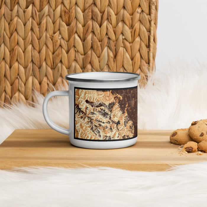 Left View Custom Cupertino California Map Enamel Mug in Ember on Table Top