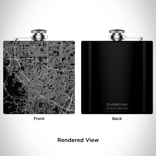 Rendered View of Cupertino California Map Engraving on 6oz Stainless Steel Flask in Black