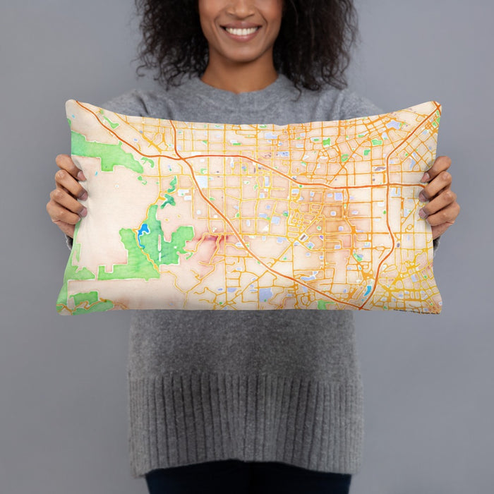 Person holding 20x12 Custom Cupertino California Map Throw Pillow in Watercolor