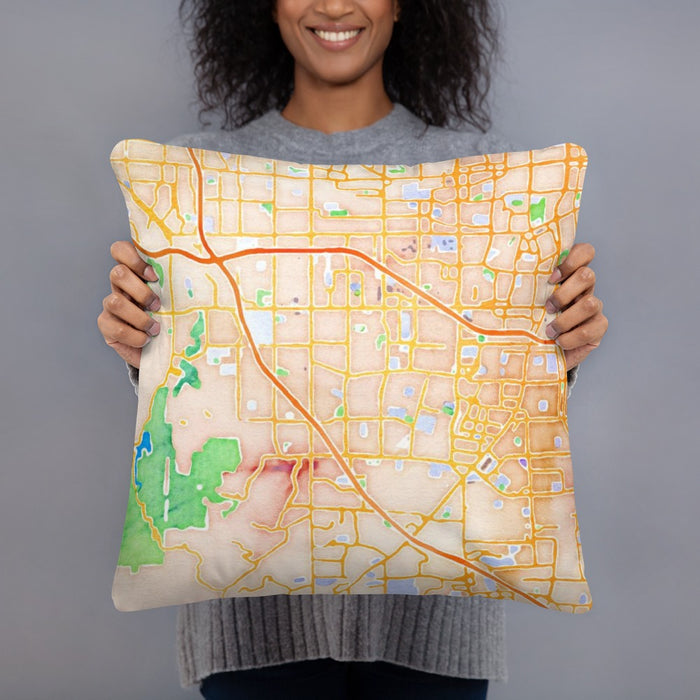 Person holding 18x18 Custom Cupertino California Map Throw Pillow in Watercolor