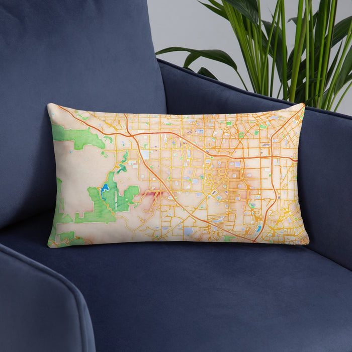 Custom Cupertino California Map Throw Pillow in Watercolor on Blue Colored Chair