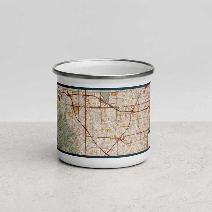 Front View Custom Cupertino California Map Enamel Mug in Woodblock