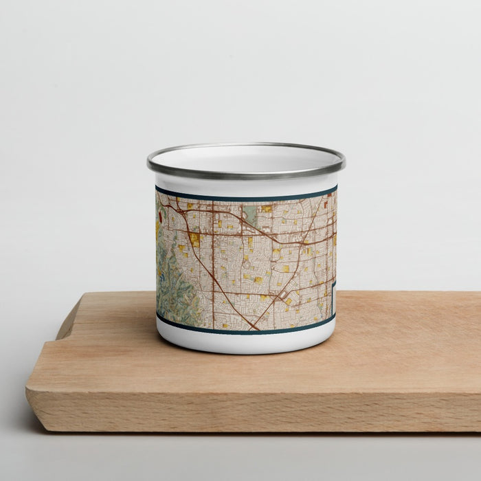 Front View Custom Cupertino California Map Enamel Mug in Woodblock on Cutting Board