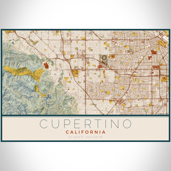 Cupertino California Map Print Landscape Orientation in Woodblock Style With Shaded Background