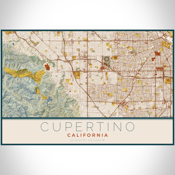 Cupertino California Map Print Landscape Orientation in Woodblock Style With Shaded Background