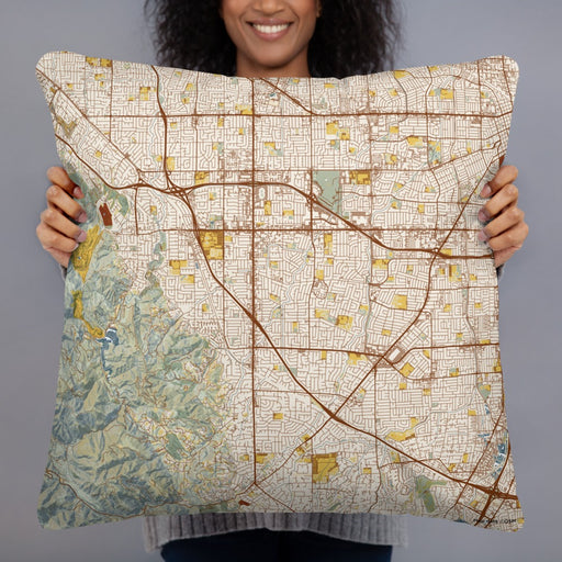 Person holding 22x22 Custom Cupertino California Map Throw Pillow in Woodblock