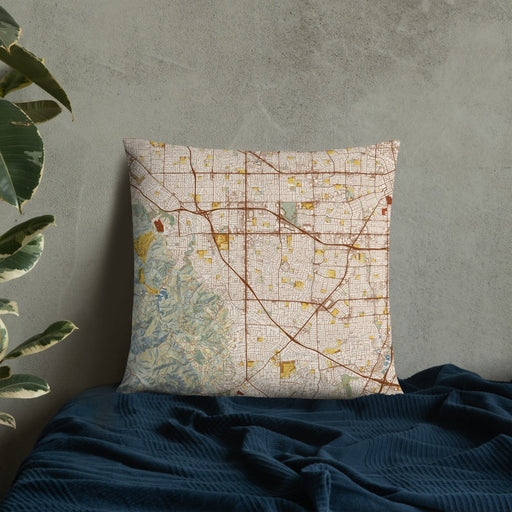 Custom Cupertino California Map Throw Pillow in Woodblock on Bedding Against Wall