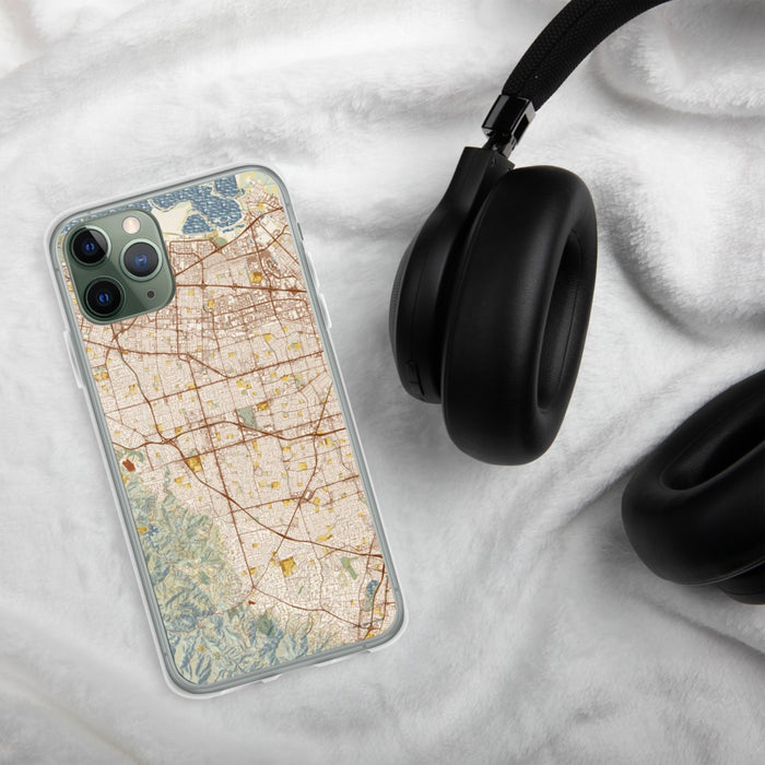 Custom Cupertino California Map Phone Case in Woodblock on Table with Black Headphones