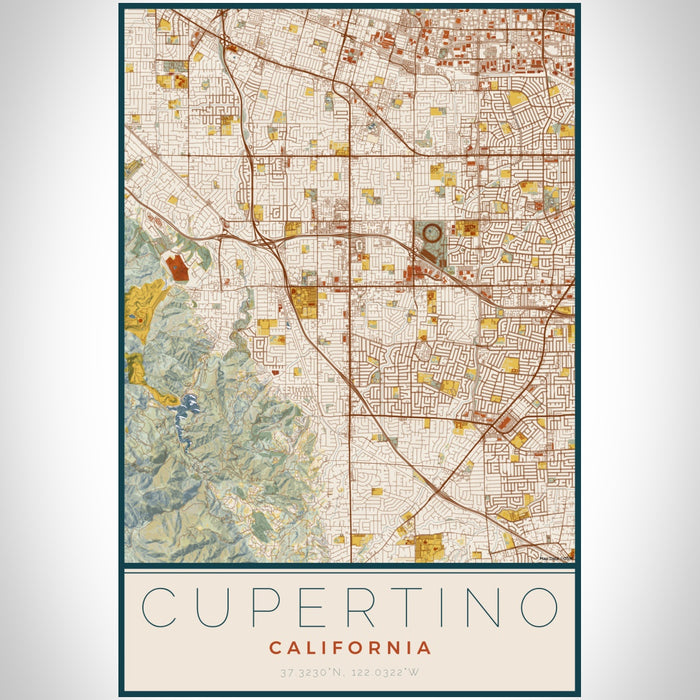 Cupertino California Map Print Portrait Orientation in Woodblock Style With Shaded Background