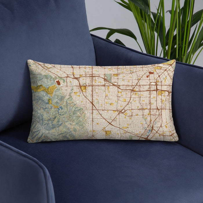 Custom Cupertino California Map Throw Pillow in Woodblock on Blue Colored Chair
