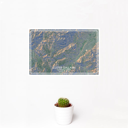 12x18 Custer Gallatin National Forest Map Print Landscape Orientation in Afternoon Style With Small Cactus Plant in White Planter