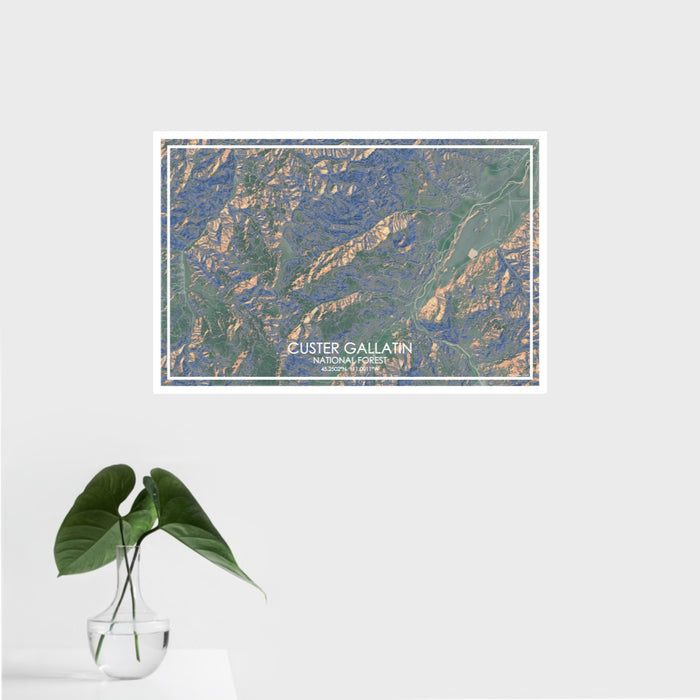16x24 Custer Gallatin National Forest Map Print Landscape Orientation in Afternoon Style With Tropical Plant Leaves in Water