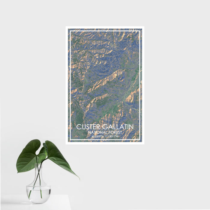 16x24 Custer Gallatin National Forest Map Print Portrait Orientation in Afternoon Style With Tropical Plant Leaves in Water