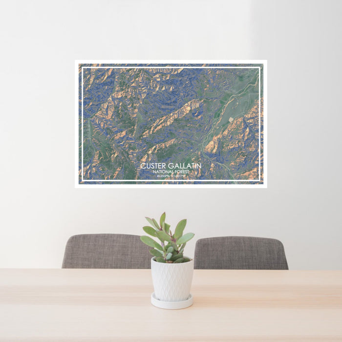 24x36 Custer Gallatin National Forest Map Print Lanscape Orientation in Afternoon Style Behind 2 Chairs Table and Potted Plant
