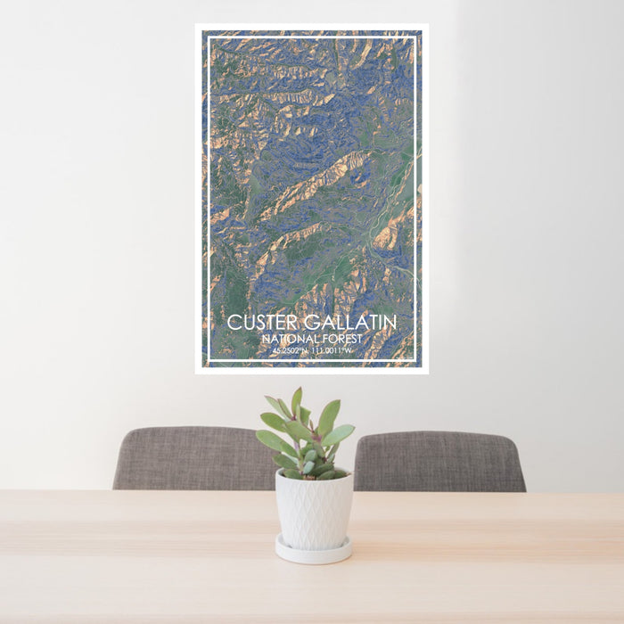 24x36 Custer Gallatin National Forest Map Print Portrait Orientation in Afternoon Style Behind 2 Chairs Table and Potted Plant
