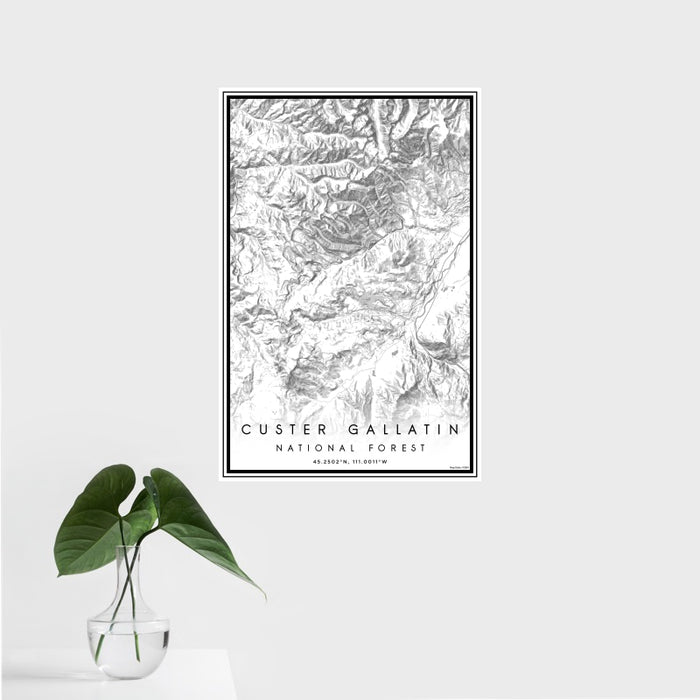 16x24 Custer Gallatin National Forest Map Print Portrait Orientation in Classic Style With Tropical Plant Leaves in Water