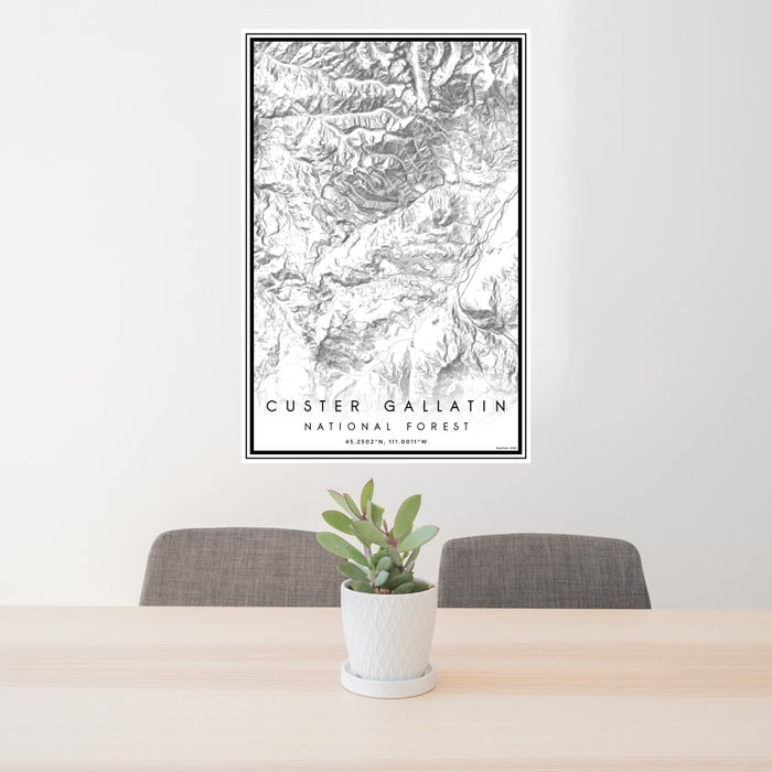 24x36 Custer Gallatin National Forest Map Print Portrait Orientation in Classic Style Behind 2 Chairs Table and Potted Plant