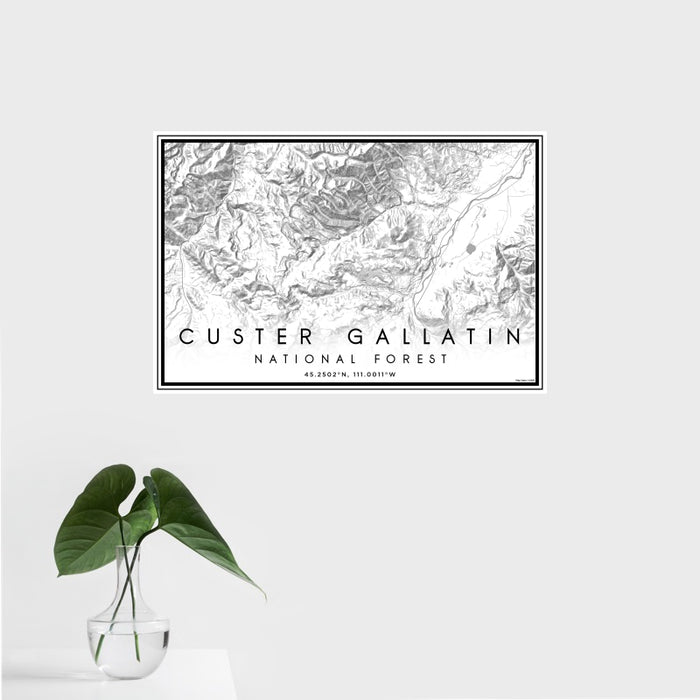 16x24 Custer Gallatin National Forest Map Print Landscape Orientation in Classic Style With Tropical Plant Leaves in Water