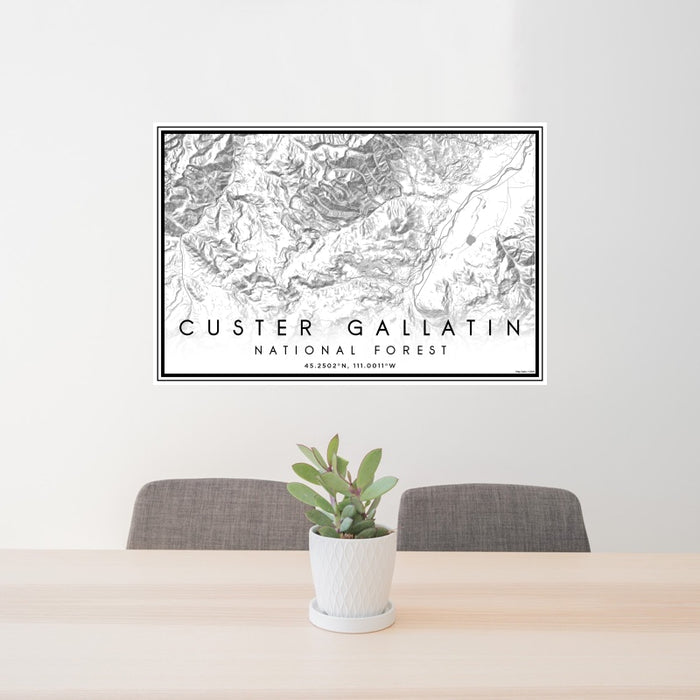 24x36 Custer Gallatin National Forest Map Print Landscape Orientation in Classic Style Behind 2 Chairs Table and Potted Plant