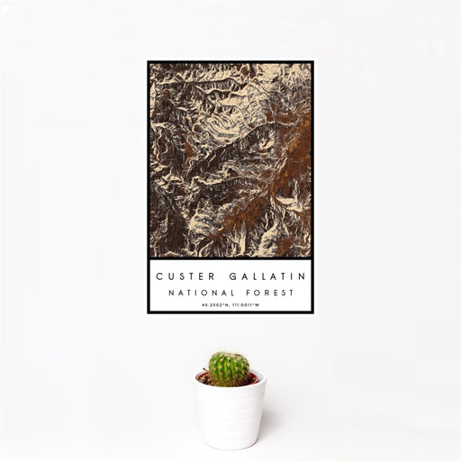 12x18 Custer Gallatin National Forest Map Print Portrait Orientation in Ember Style With Small Cactus Plant in White Planter
