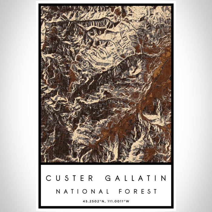 Custer Gallatin National Forest Map Print Portrait Orientation in Ember Style With Shaded Background