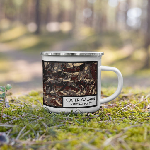 Right View Custom Custer Gallatin National Forest Map Enamel Mug in Ember on Grass With Trees in Background