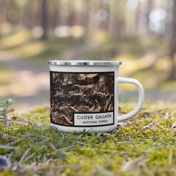 Right View Custom Custer Gallatin National Forest Map Enamel Mug in Ember on Grass With Trees in Background