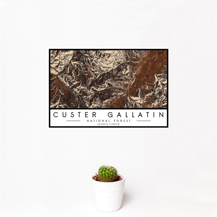 12x18 Custer Gallatin National Forest Map Print Landscape Orientation in Ember Style With Small Cactus Plant in White Planter