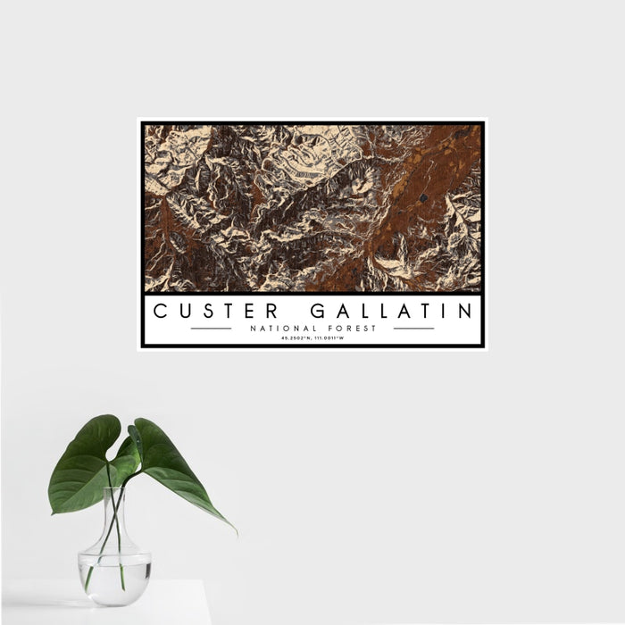 16x24 Custer Gallatin National Forest Map Print Landscape Orientation in Ember Style With Tropical Plant Leaves in Water